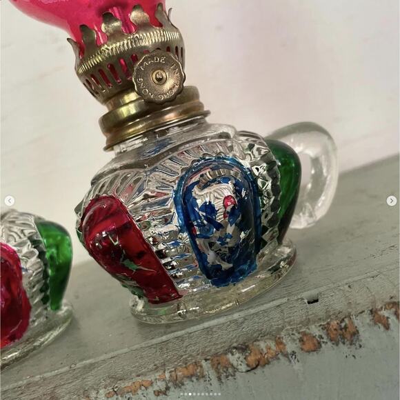 Vintage Glass Oil Lamp Handheld Mini Faceted Bottom Red Top Hong Kong PAIR - Picture 3 of 10